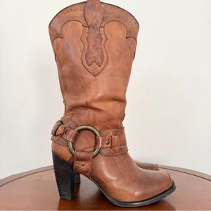 Justin Brown Tan Harness Moto Western Cowgirl Heeled Tall Boots | 7.5